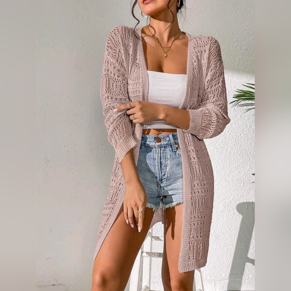 Hollow Out Drop Shoulder Open Front Kimono